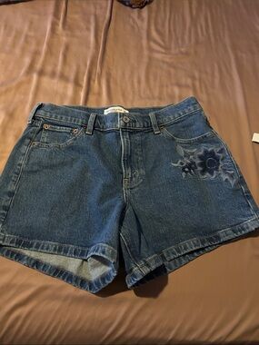 Abercrombie & Fitch Dark Blue Denim Shorts with Embroidered Floral Accent